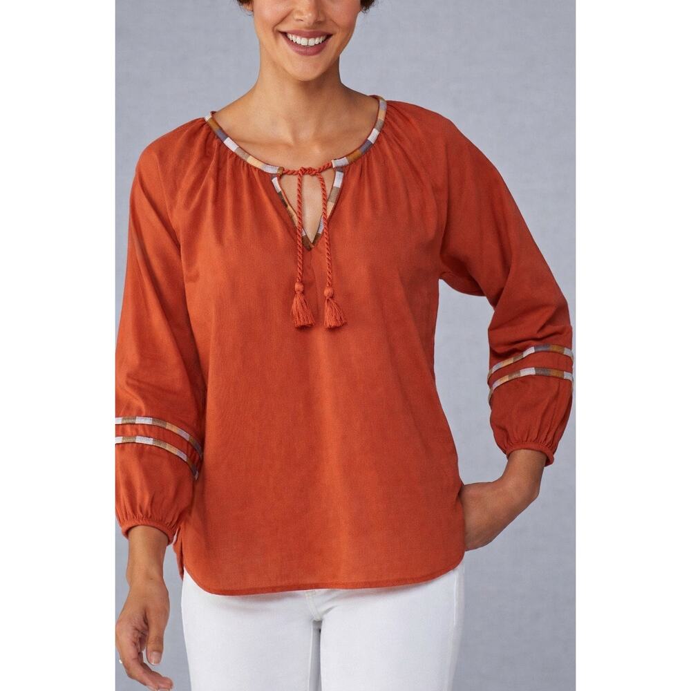 PrAna Dry Chili Atlantis Peasant Top XS Rust Embroidered Organic Cotton Tassel